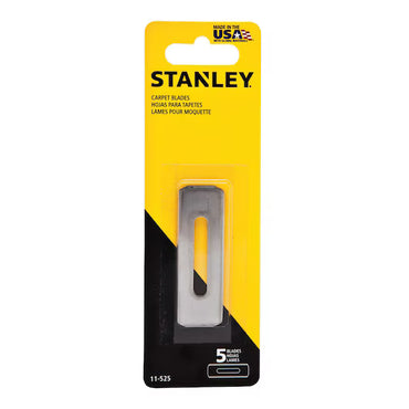 The STANLEY® FATMAX® Carpet Knife Blade x5 comes in yellow and black packaging, displaying the STANLEY logo and a visible blade. Labeled as 5 replacement blades, it’s made in the USA—perfect for your FATMAX carpet knife.