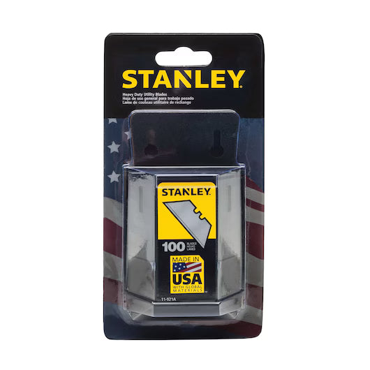 STANLEY 11-921A Heavy-Duty Utility Blades with Dispenser, 100-pack; branded yellow case, Made in USA text, and American flag design—ideal replacement blades for your utility knife.
