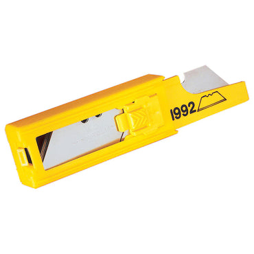 A yellow plastic dispenser for STANLEY 1992® Heavy-Duty Utility Blades (5 PK) features a sliding button, visible metal blades, and mountain icon label. Compatible with STANLEY utility knives and ideal for heavy-duty cutting tasks.