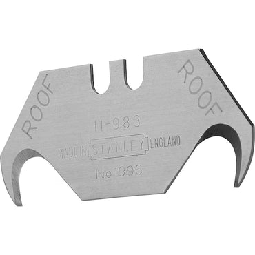The STANLEY® 1996 Large Hook Blade x5 features a silver, bat-shaped design with “ROOF” on both sides and “MADE IN STANLEY ENGLAND No 1996” in the center. Each utility blade has two curved hooks on each end.