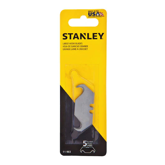 The STANLEY® 1996 Large Hook Blade x5 comes in a yellow and black pack with five silver blades inside, featuring the STANLEY brand and Made in USA label clearly displayed at the top.