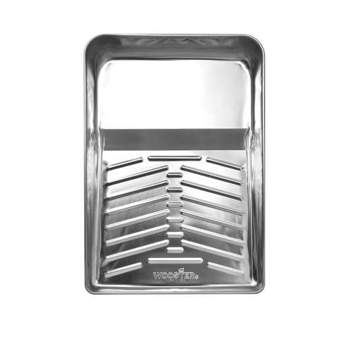 The WOOSTER R402-11 Deluxe 11 in. Metal Paint Tray features a durable metal design with a ribbed and smooth surface for versatile painting, elegantly embossed with the WOOSTER brand at the bottom, perfect for all your painting needs.