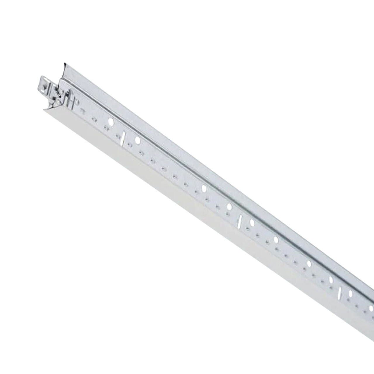 A 12 ft. Main Beam Grid from Go Build, The Fastest Way To Build (case of 20), shown angled with holes and slots along its length for suspended ceiling installation.