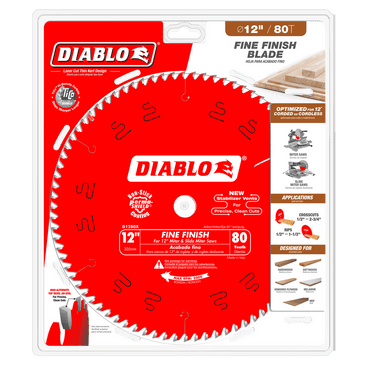 The DIABLO D1280X 12 x 80T Fine Finish Saw Blade for Wood by Diablo highlights its high tooth count, laser-cut stabilizer vents, and uses for trimming and molding. The packaging features a striking red design complemented by crisp white text and graphics.