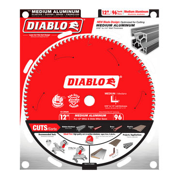 The DIABLO D1296N 12 in. x 96-Teeth Medium Aluminum Saw Blade packaging is red with white text, showcasing a saw blade image. It highlights aluminum blades and a Triple Chip Grind (TCG) Tooth Design for cutting materials like aluminum, copper, and brass.
