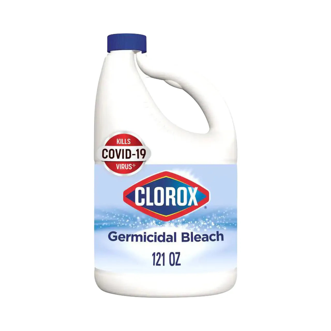 A white bottle of Go Build 121 oz. Concentrated Germicidal Liquid Bleach Cleaner with a blue cap, labeled Kills COVID-19 Virus and set against a light blue background. Brand: Go Build, The Fastest Way To Build.