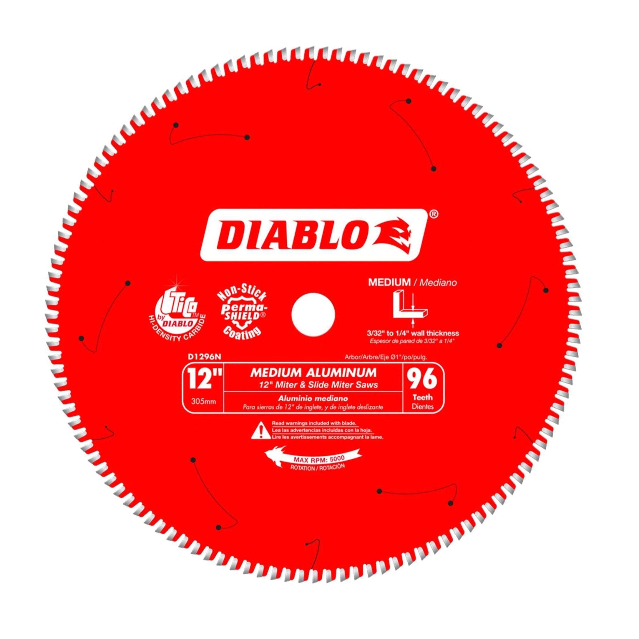 The DIABLO D1296N 12 in. x 96-Teeth Medium Aluminum Saw Blade by Diablo is red with a center logo, featuring an ultra-thin kerf, metal-cutting carbide teeth, certifications, and warning labels. Ideal for miter and slide miter saws for smooth cuts.