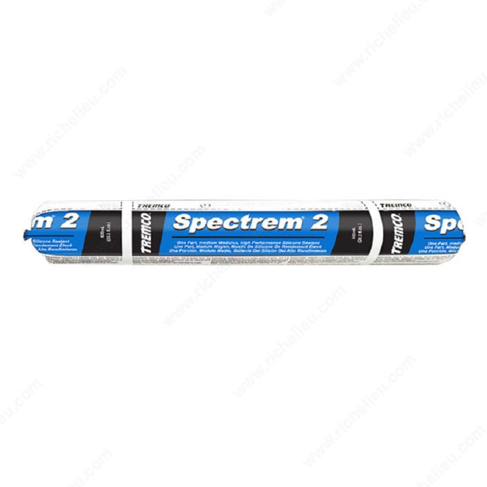 A sausage-shaped tube of Tremco® SPECTREM 2 neutral-cure silicone sealant features blue, black, and white labeling with branding—ideal for flexible joint movement and perimeter sealing.