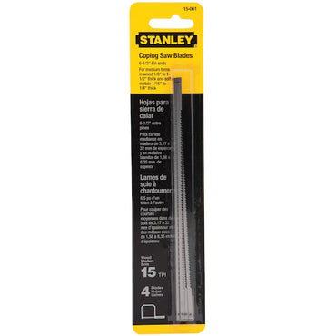 STANLEY® FATMAX® Coping Saw Blades (4 PACK), 6-1/2 long with 15 TPI, made of high-carbon steel for precise wood cutting. Comes in yellow and black packaging with English, Spanish, and French details. Brand: STANLEY.