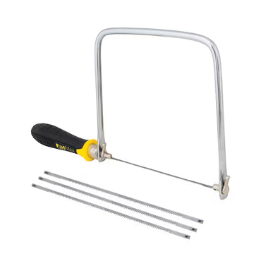 The STANLEY Carded Coping Saw features a black and yellow handle, perfect for woodworking and precision cuts. Shown on a white background with four interchangeable blades laid out below it.