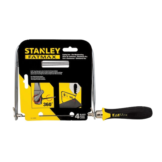 The STANLEY Carded Coping Saw is designed for precise woodworking, features a black and yellow handle, 360° blade rotation, comes with 4 blades, and its packaging displays details on a black background.