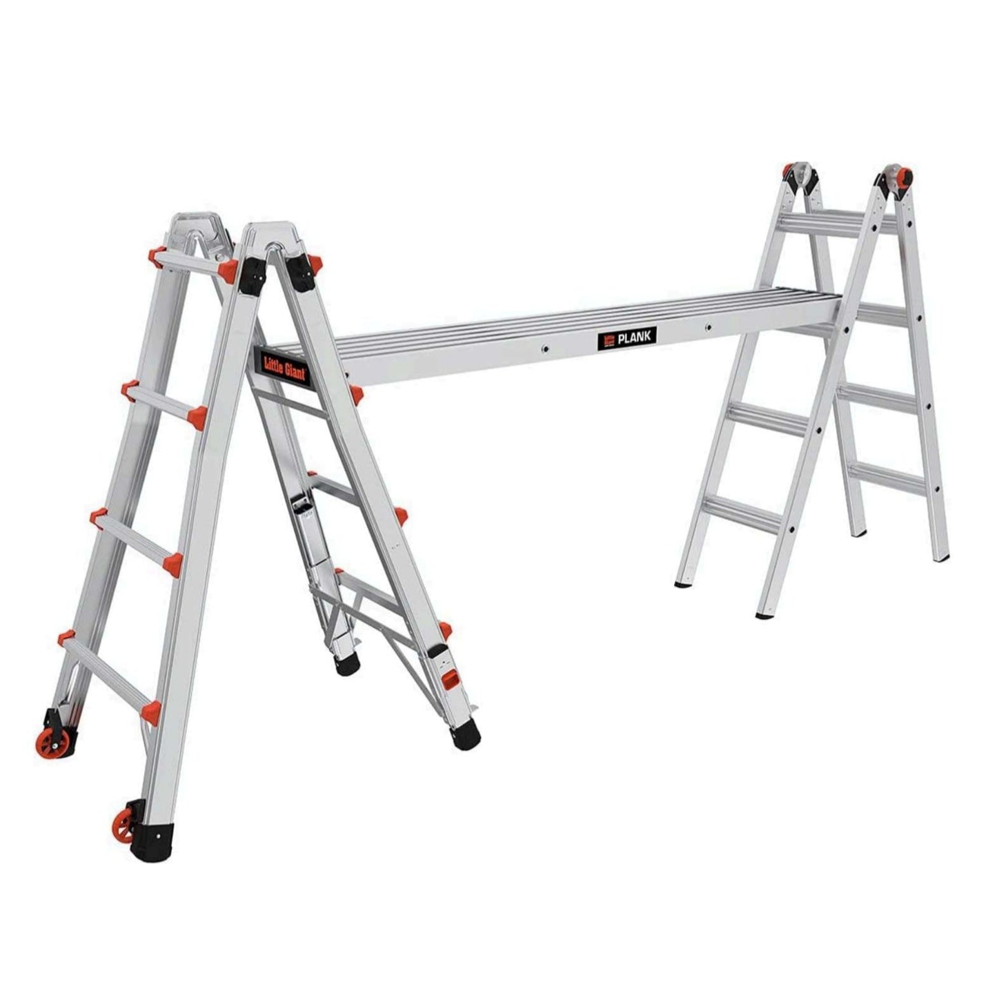 The LITTLE GIANT 15036, a 6 ft. 500-lb telescopic ladder plank by LITTLE GIANT, is set up in a scaffold configuration with an orange-lock platform and four legs, displayed on a white background.
