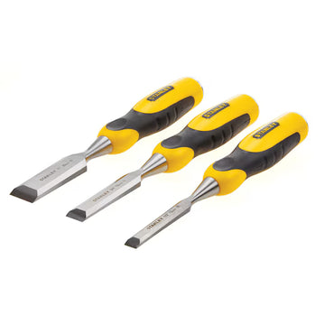 The STANLEY WOOD CHISEL SET (3 PC) features three chisels with yellow and black handles, each made of hardened steel and arranged side by side, with varying blade widths, on a white background.