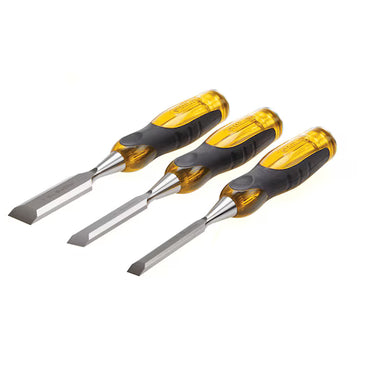 The STANLEY® FATMAX® Thru Tang Wood Chisel 3pc. Set (12, 18, 25 mm), featuring durable high-carbon steel blades and yellow/black handles, is shown arranged in a row on a white background.