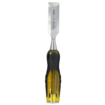 The STANLEY® FATMAX® THRU TANG WOOD CHISEL SINGLE - 1 INCH, featuring a beveled steel blade and a transparent yellow and black handle, is shown standing upright against a white background.