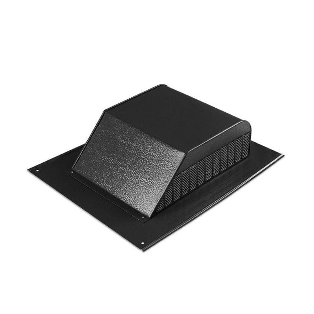 The Go Build 16 in. x 20.5 in. NFA Aluminum Slant Back Roof Louver Static Vent (60 sq. in.) in black features a sloped hood, vented sides, and four screw holes for attic or roof ventilation.