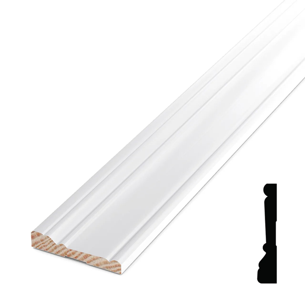 The Go Build 3/4 in. x 3-7/16 in. x 16 ft. Primed Finger Jointed Casing features a smooth, white-painted decorative profile with detailed cross-section, ideal for stylish baseboard molding applications.