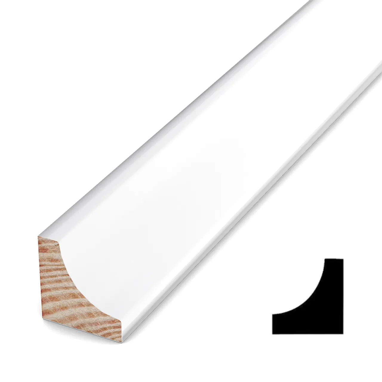 The Go Build 11/16 in. x 11/16 in. x 16 ft. Primed Pine Finger Jointed Cove Moulding features a white finish and distinct wood grain on the end, with a quarter-circle profile perfect for decorative accents in any space.
