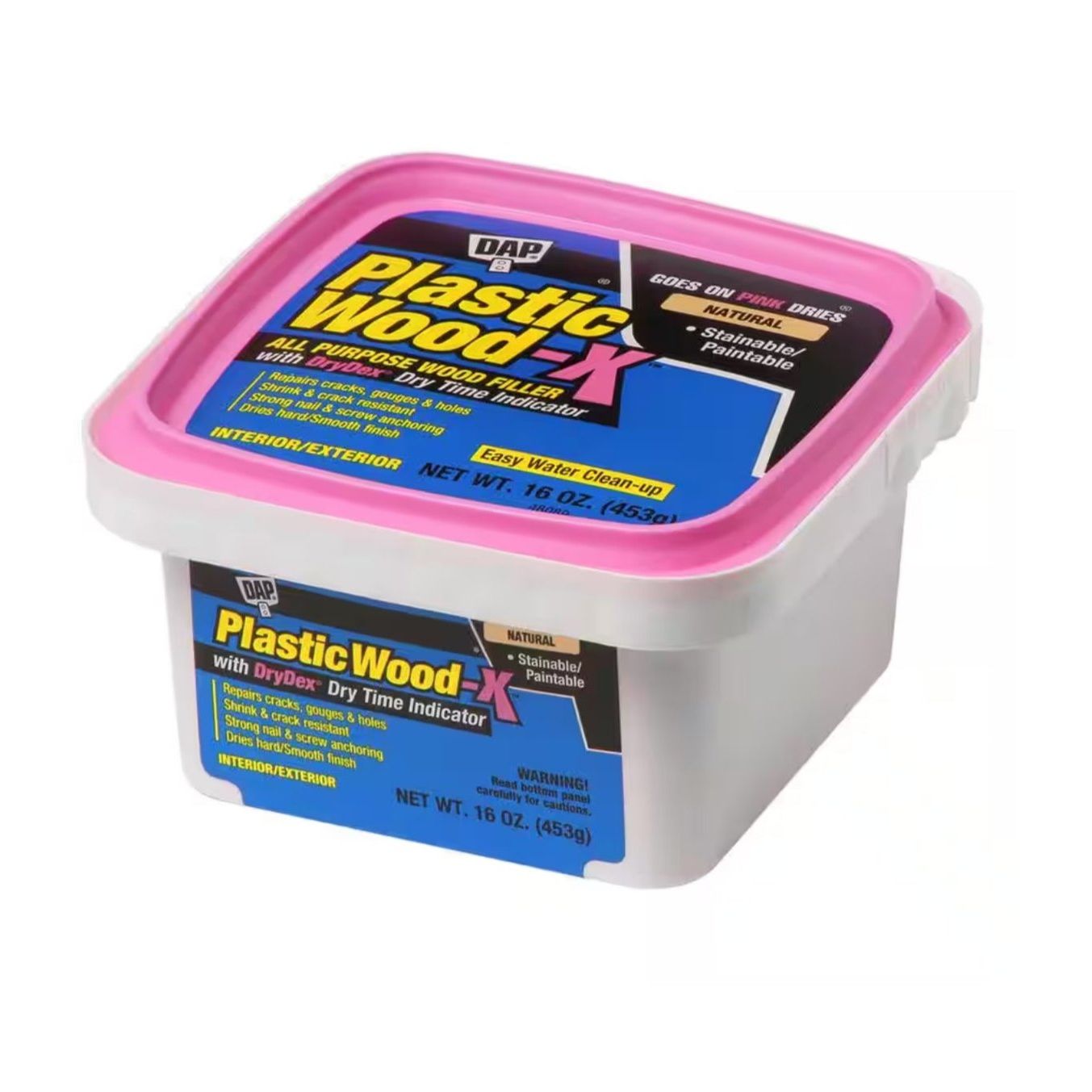 The DAP 00542 Plastic Wood-X is a 16 oz all-purpose latex filler featuring the DryDex pink indicator. It offers strong adhesion, easy water cleanup, stainability, and paintability. This square container is suitable for both interior and exterior use.