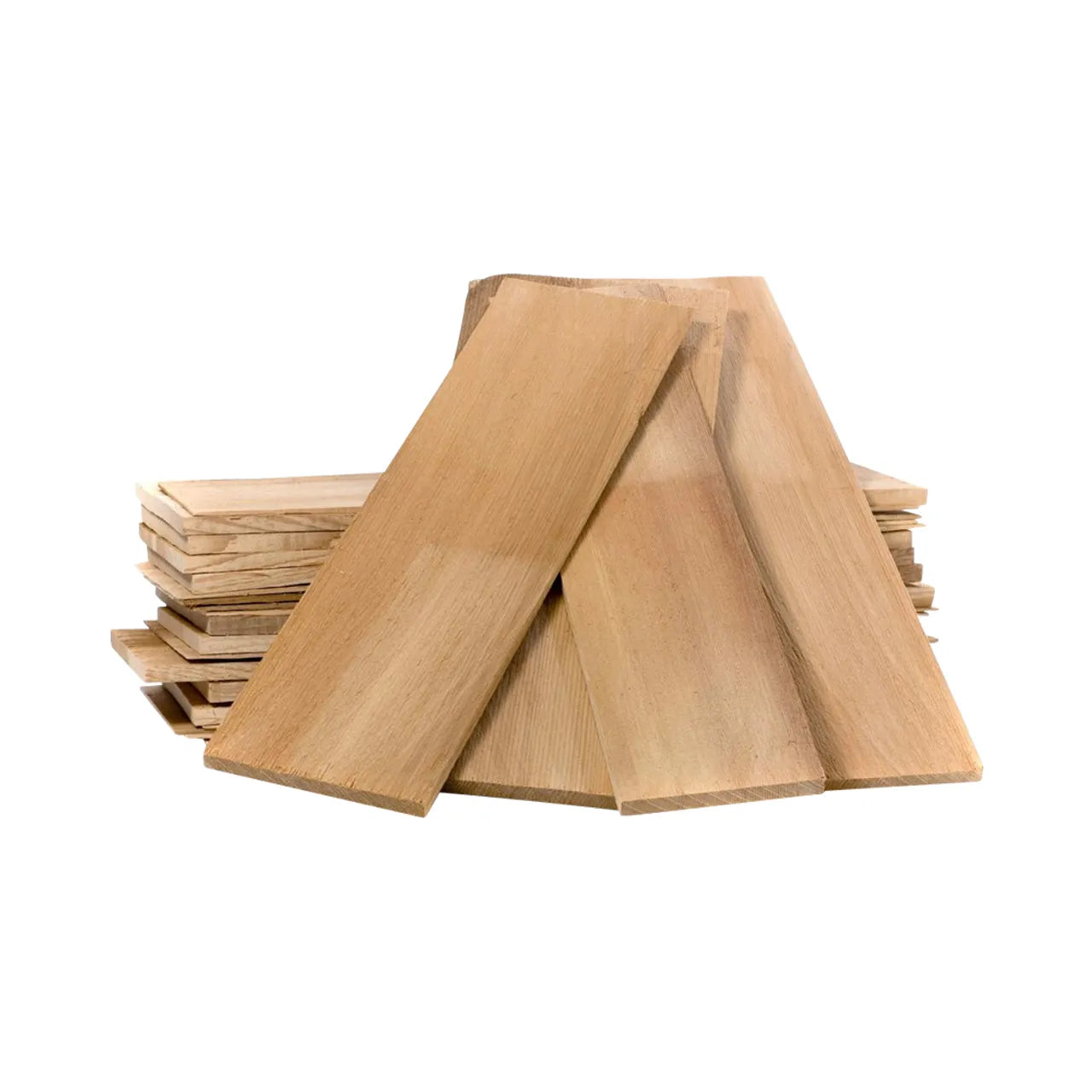 A stack of Go Build 18 in. #1 Perfection Western Red Cedar Kiln-Dried Shingles, light brown and neatly piled, with several planks leaning diagonally, isolated on a white background.