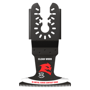 The DIABLO DOU250JBW3 Demo Demon™ Oscillating Blades for Clean Wood, measuring 2-1/2 inches and available in a 3-pack, feature an ultra-hardened bi-metal curve contact edge with a black top and the red Black Ice Coating logo, ensuring durability and precision for wood cutting tasks.
