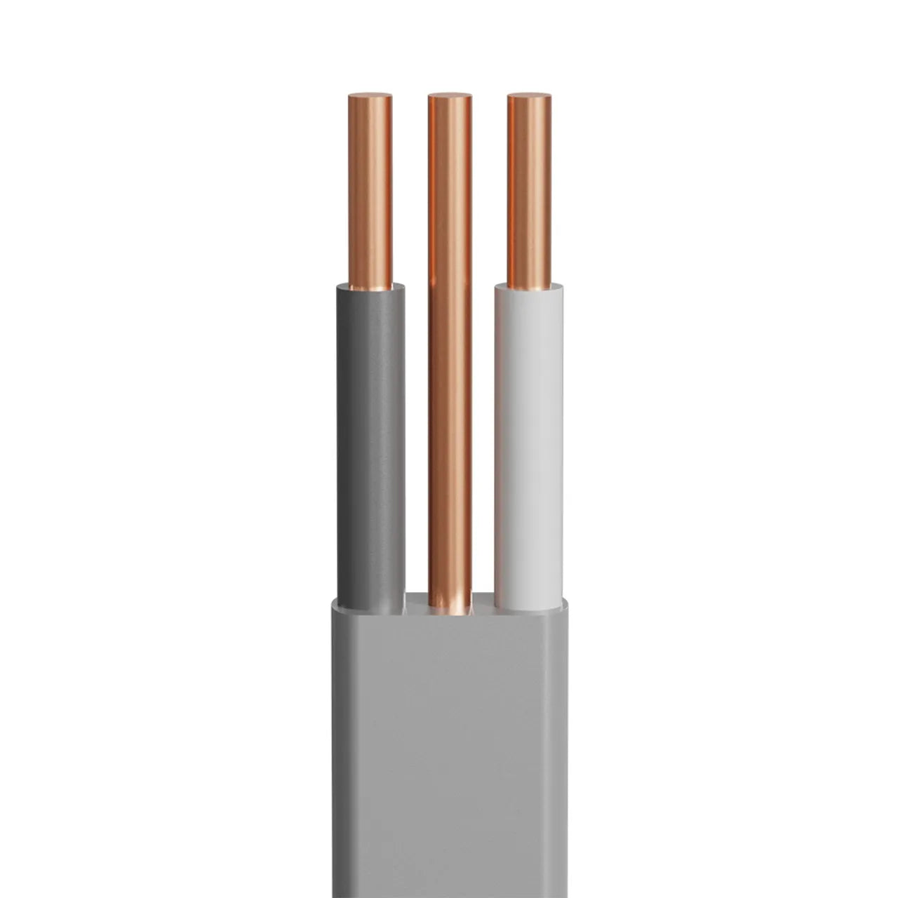 Close-up of the Go Build 14/2 25 ft. Copper Electrical Outdoor Cable UF-B - Gray, featuring three exposed copper wires with black, white, and gray insulation against a white background.