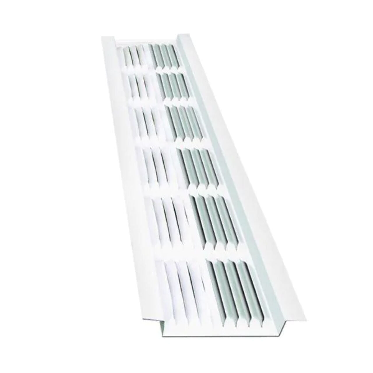 The Go Build 2-3/4 in. x 8 ft. Rectangular Wildlife Guard Aluminum Soffit Vent in white features angled slats for airflow, ideal for attic ventilation or use with Master Flow systems.