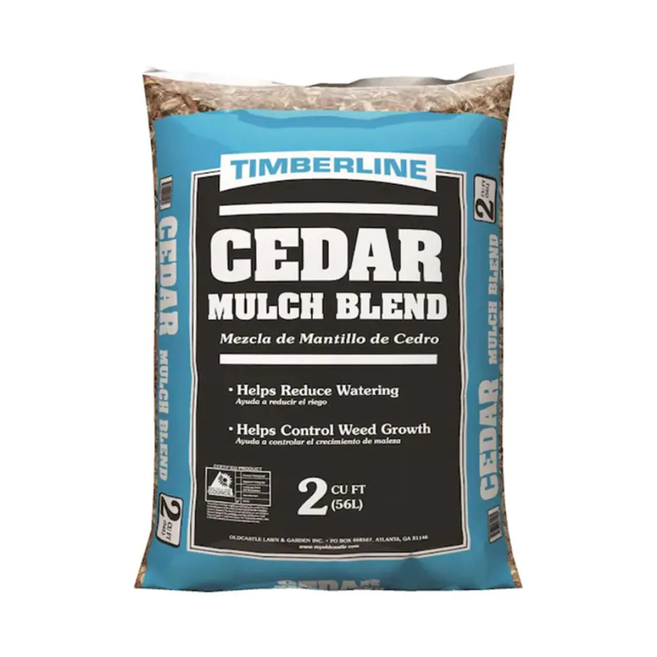 A 2 cu. ft. bag of Go Build, The Fastest Way To Build All Natural Cedar Mulch features blue, black, and white packaging, and promotes reduced watering and weed control in English and Spanish.