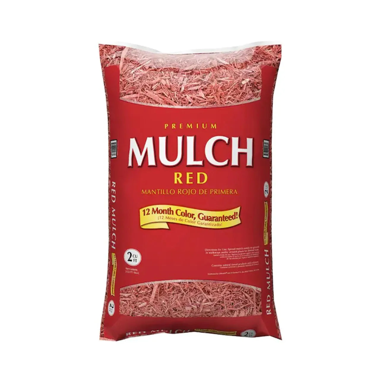 A clear bag of Go Build 2 cu. ft. Hardwood Mulch - Red displays rich mulch inside, with 12 Month Color Guaranteed on a red background—perfect for landscaping projects from The Fastest Way To Build brand.
