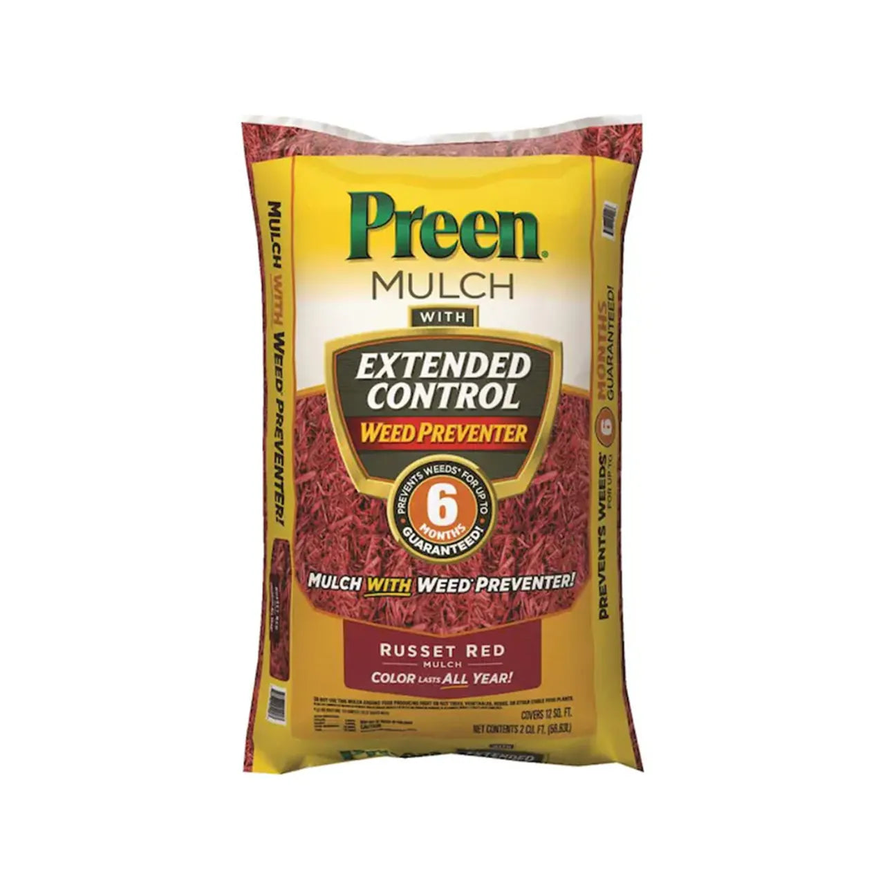 A 2 cu. ft. bag of Go Build Mulch Plus Weed Control - Red offers 6 months of guaranteed weed control, with product info displayed on yellow packaging.