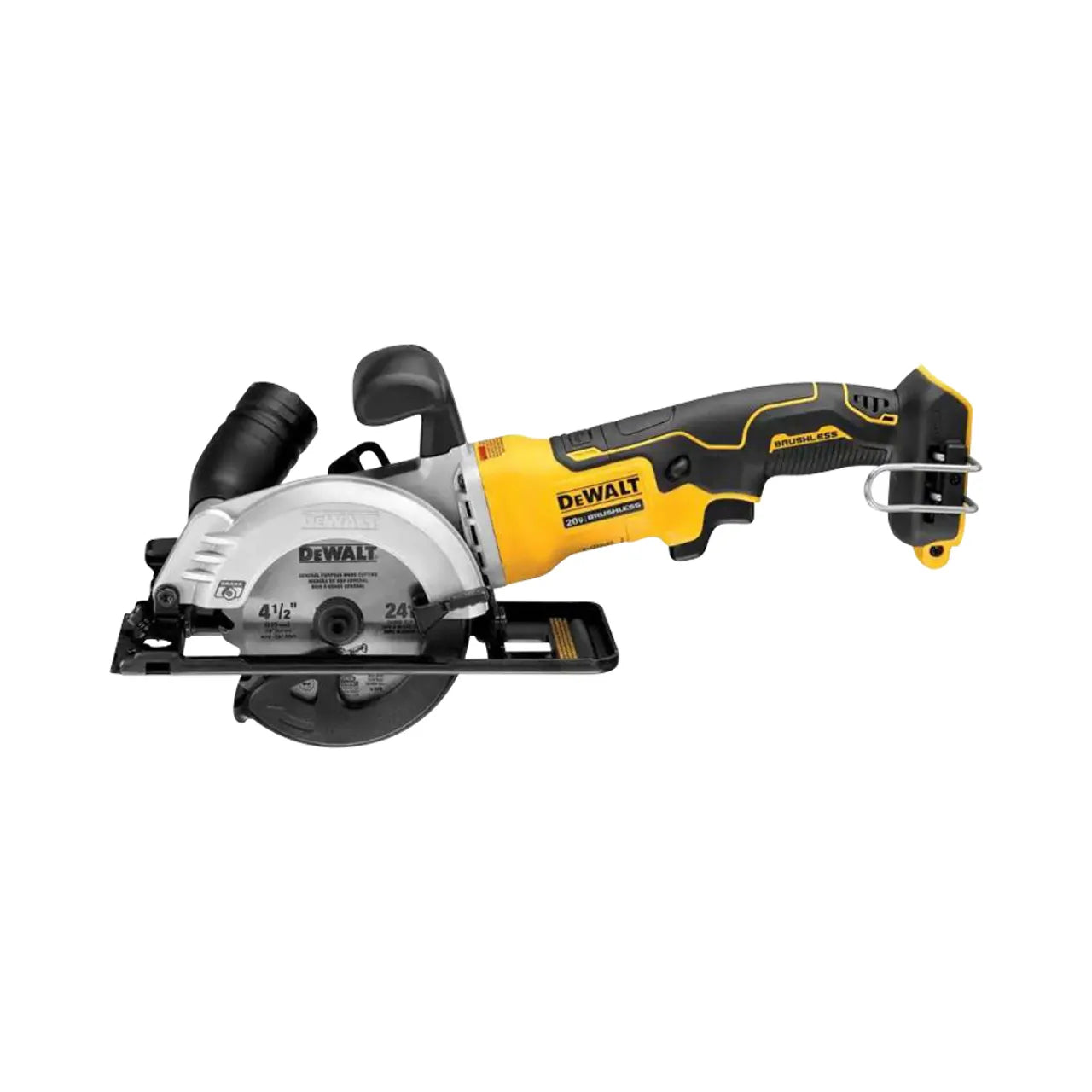 A Go Build ATOMIC 20V MAX Cordless Brushless 4-1/2 in. Circular Saw (tool-only) is shown with a silver blade and black handle on a white background.
