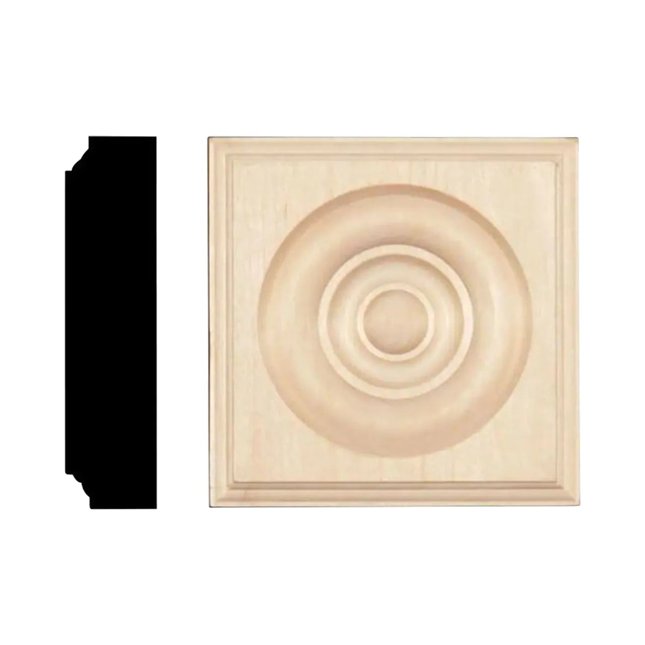The Go Build 1-1/8 in. x 4-1/2 in. x 4-1/2 in. Hardwood Rosette Block Moulding features a circular, layered bullseye design and a deep profile, making it an elegant decorative accent for any corner.