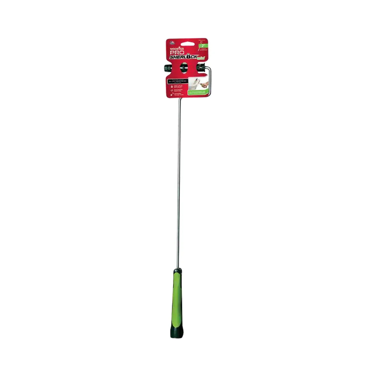 A slender metal rod with a green handle and red label at the top showcases the Go Build Pro Sherlock 26-1/2 in. Mini Roller Cage Frame, featuring text and images of its smooth-rolling design. The label is set against a plain white backdrop.