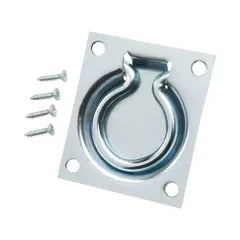The Go Build 3 in. x 3-1/2 in. Trap Door Ring - Zinc-Plated features four mounting holes and screws, making it ideal as a recessed tie-down anchor or storage chest handle for securing cargo.