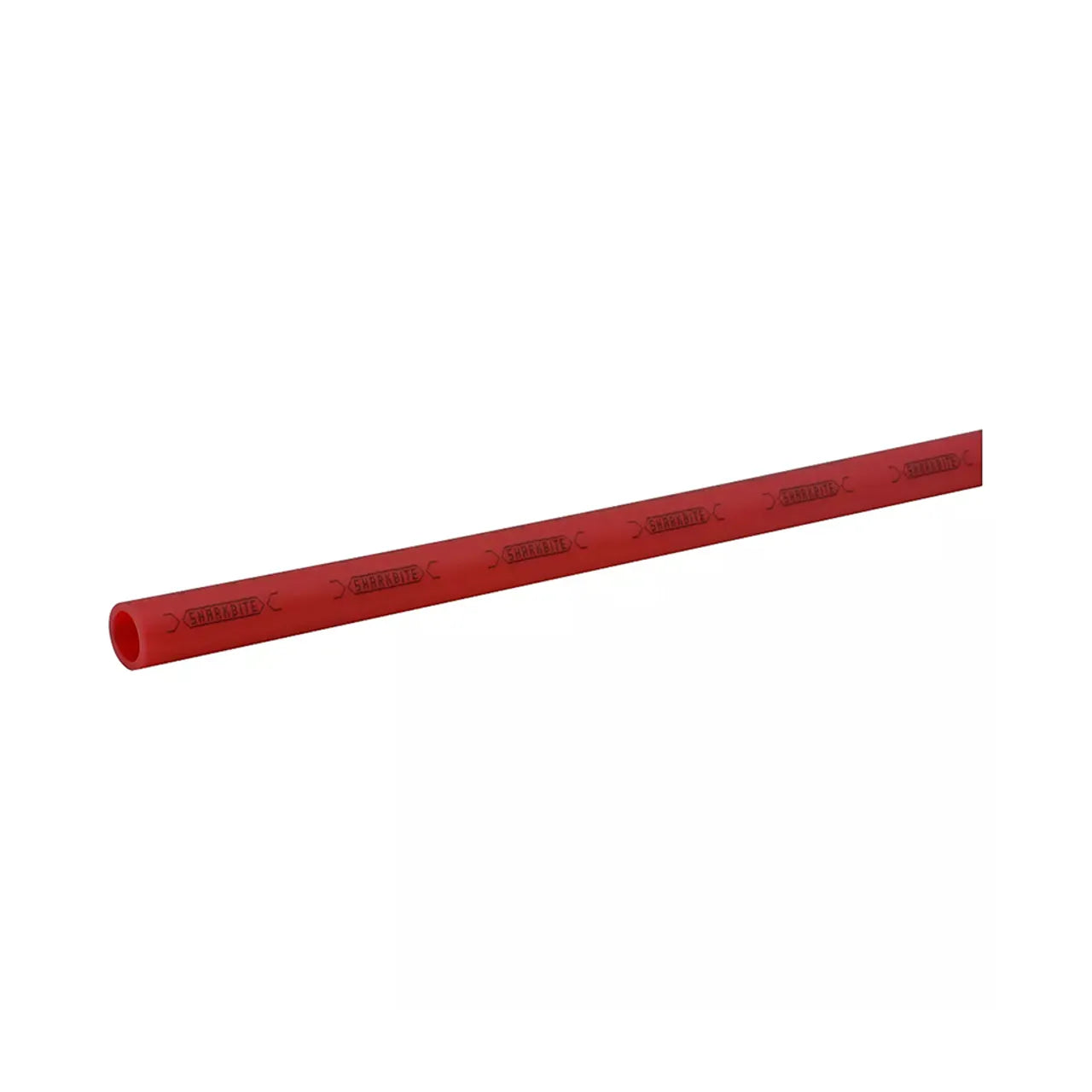 The Go Build 1/2 in. x 10 ft. PEX Coil - Red is a single straight plastic pipe made from cross-linked polyethylene with embossed markings, shown on a white background. Ideal for potable water piping applications.
