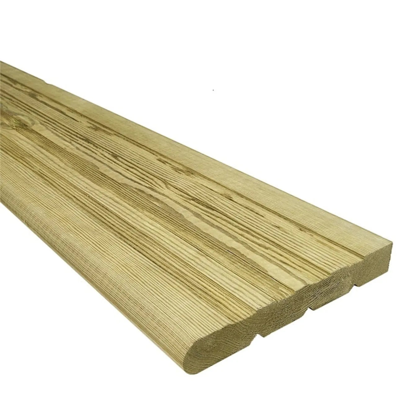 The Go Build 2 in. x 12 in. x 48 in. Stair Tread features a grooved, textured, pressure-treated wood surface with rounded edges for durability, making it ideal for exterior use or as a stair tread. Wood grain is visible against a white background.