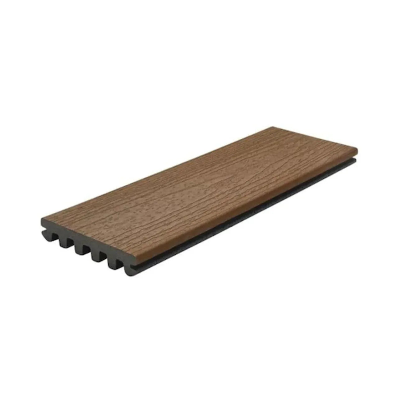 A Go Build Enhance Basics 1 in. x 5-1/2 in. x 16 ft. Grooved Edge Composite Decking Board in Saddle, featuring a wood grain texture and displayed against a white background.