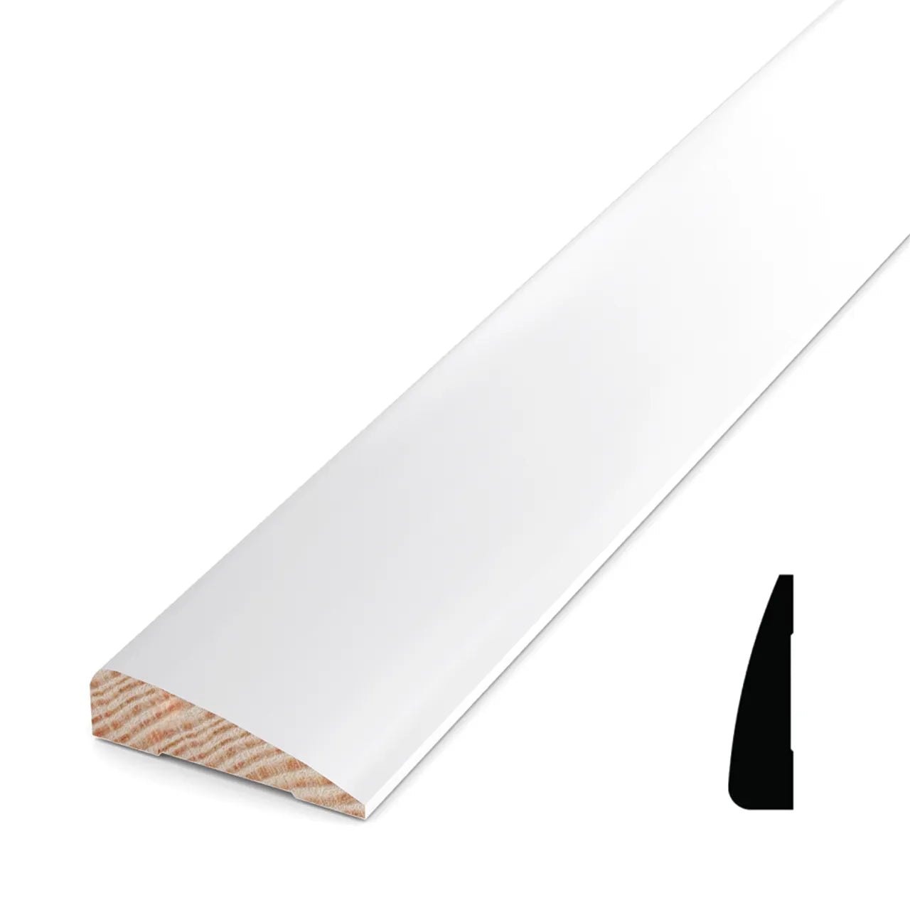 The Go Build 11/16 in. x 2-1/2 in. x 16 ft. Primed Pine Finger Jointed Casing is shown in perspective, with a diagram of its cross-sectional profile displayed at the lower right of the image.