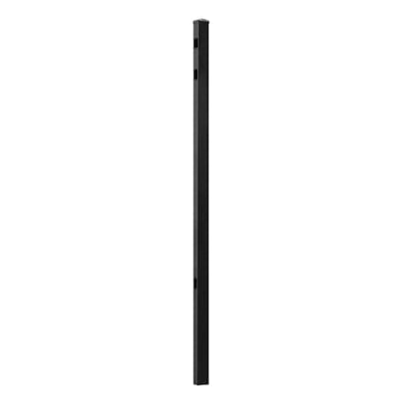 The Go Build 2 in. x 2 in. x 7 ft. Aluminum Fence Line Post - Standard Black is a tall, rust-resistant post with a rectangular profile and multiple small holes, shown against a plain white background.