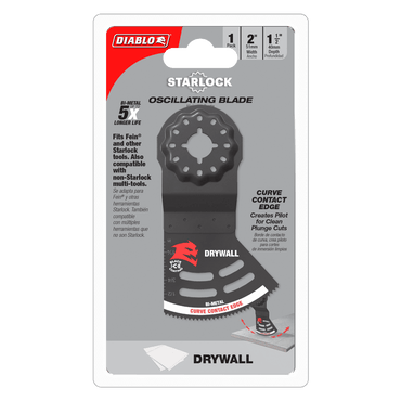 The DIABLO DOS200RBD 2 in. Starlock Bi-Metal Oscillating Blade for Drywall features an ultra-hardened edge for precise cuts, Black I.C.E. coating for 5x longer life, and is compatible with Fein and Starlock tools. The mainly black package has red and white text.