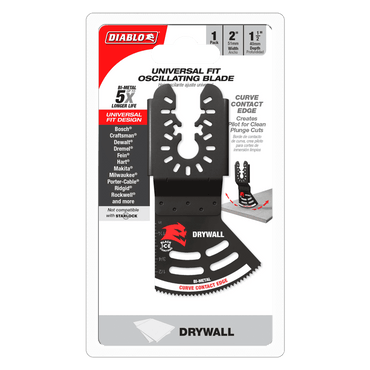 Packaging for the DIABLO DOU200RBD 2 in. Universal Fit Bi-Metal Oscillating Blade for Drywall features a black blade with red Diablo logo and ultra-hardened edge, fitting various brands. Highlights include a curved contact edge for precise plunge cuts, labeled specifically for drywall use.