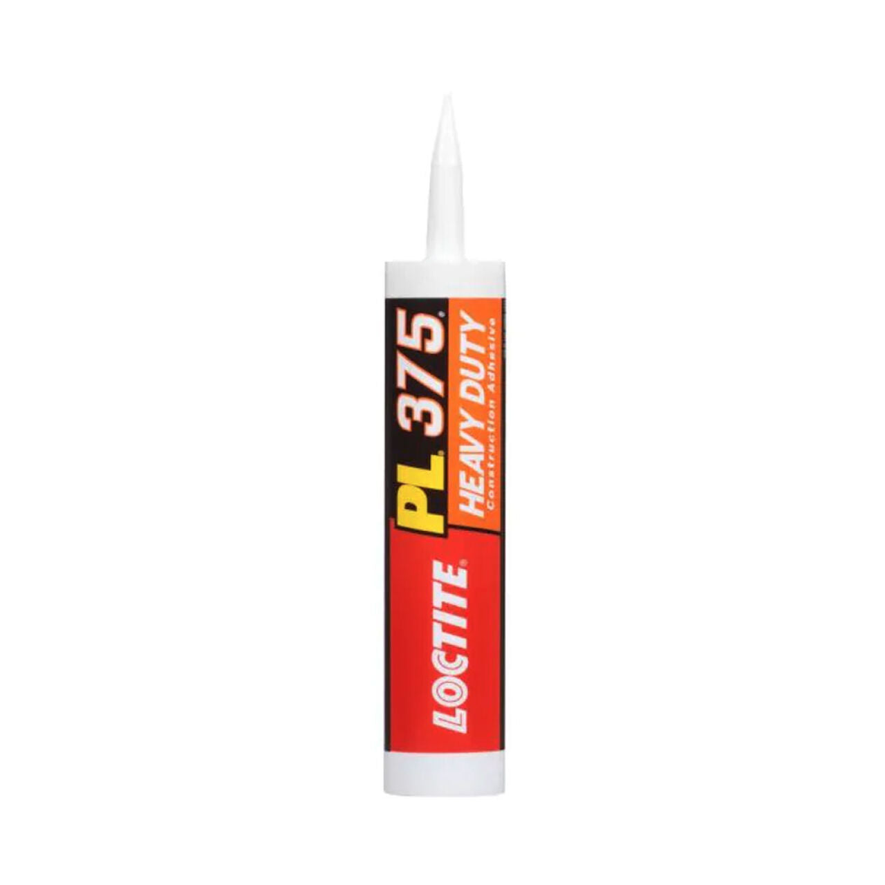 A 10 oz. tube of Go Build 10 oz. PL 375 Heavy Duty VOC Construction Adhesive, “The Fastest Way To Build,” features a red, black, and yellow label with a pointed nozzle cap.