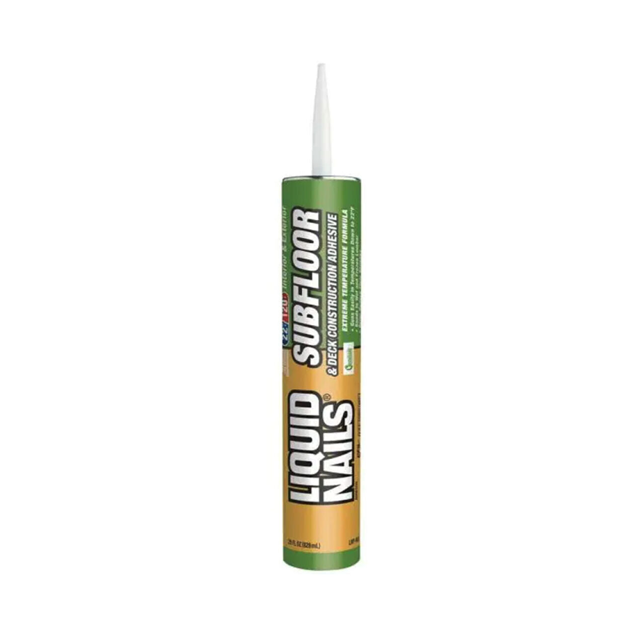 A 10 oz. tube of Go Build, The Fastest Way To Build Subfloor & Deck Low VOC Construction Adhesive - Tan, with a white pointed nozzle and green and tan label, perfect for low VOC construction adhesive applications.
