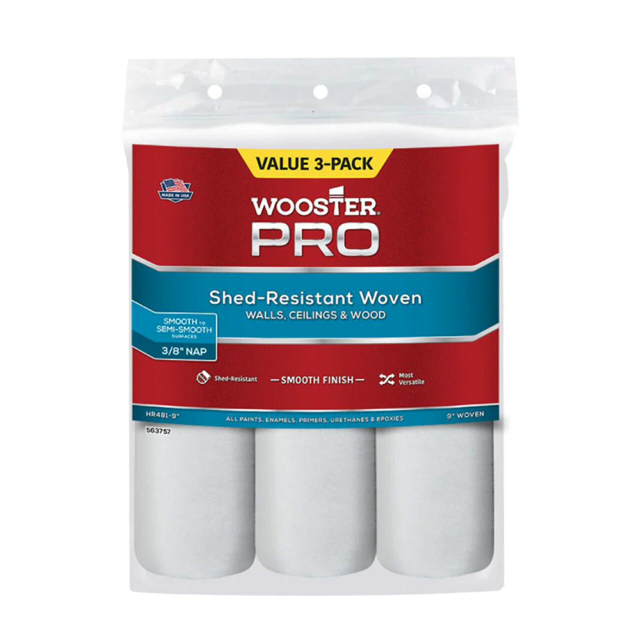 A pack of three 9 in. x 3/8 in. High-Density Pro Woven Roller Covers by Go Build, made with lint-free fabric and a polypropylene core, offers durability and shed-resistance. Perfect for walls, ceilings, and wood on smooth to semi-smooth surfaces, they deliver a flawless finish.