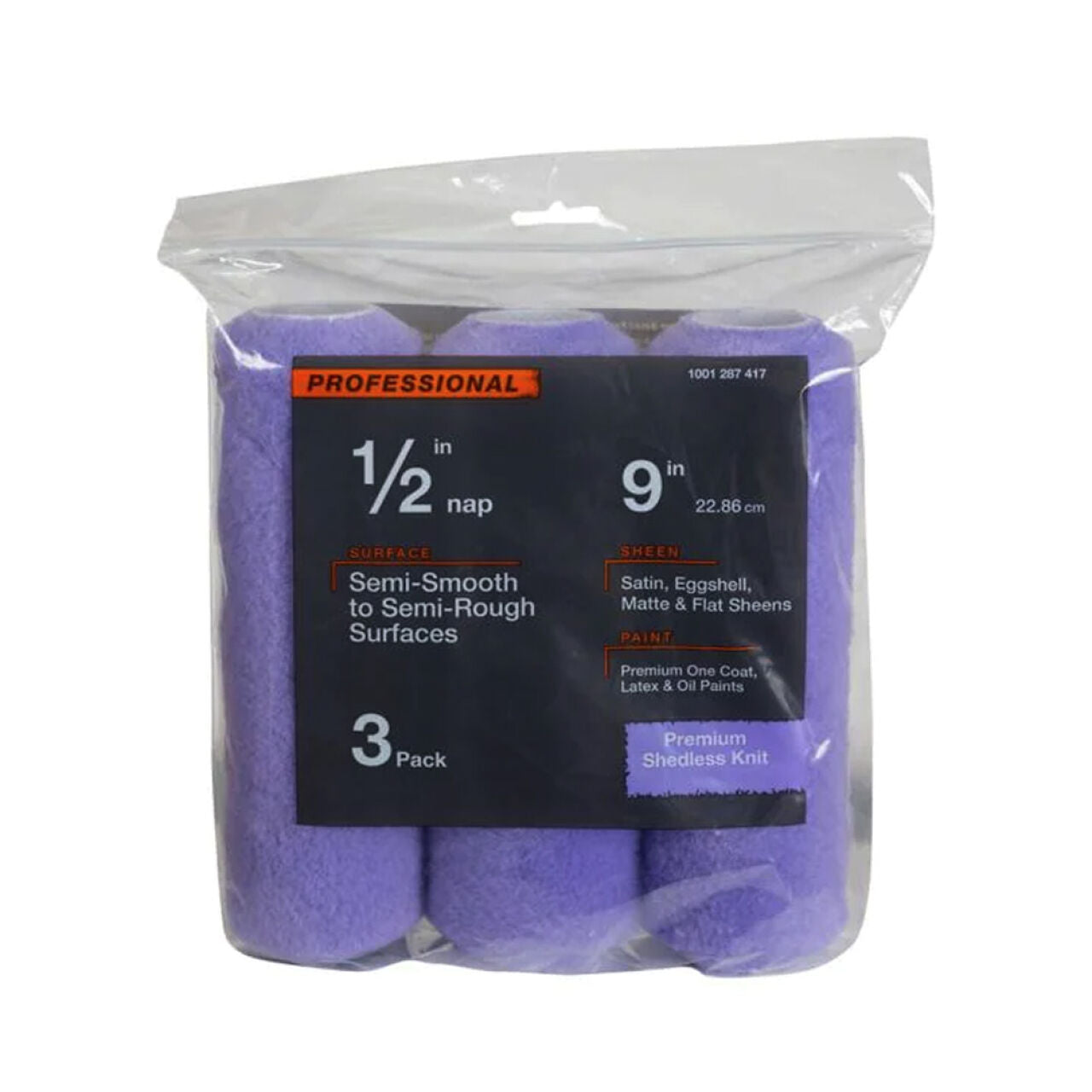 A clear plastic pack holds three purple Go Build 9 in. x 1/2 in. High-Capacity Polyester Knit Paint Roller Covers, labeled Professional for semi-smooth to semi-rough surfaces, promising a shed-free finish and fast results.