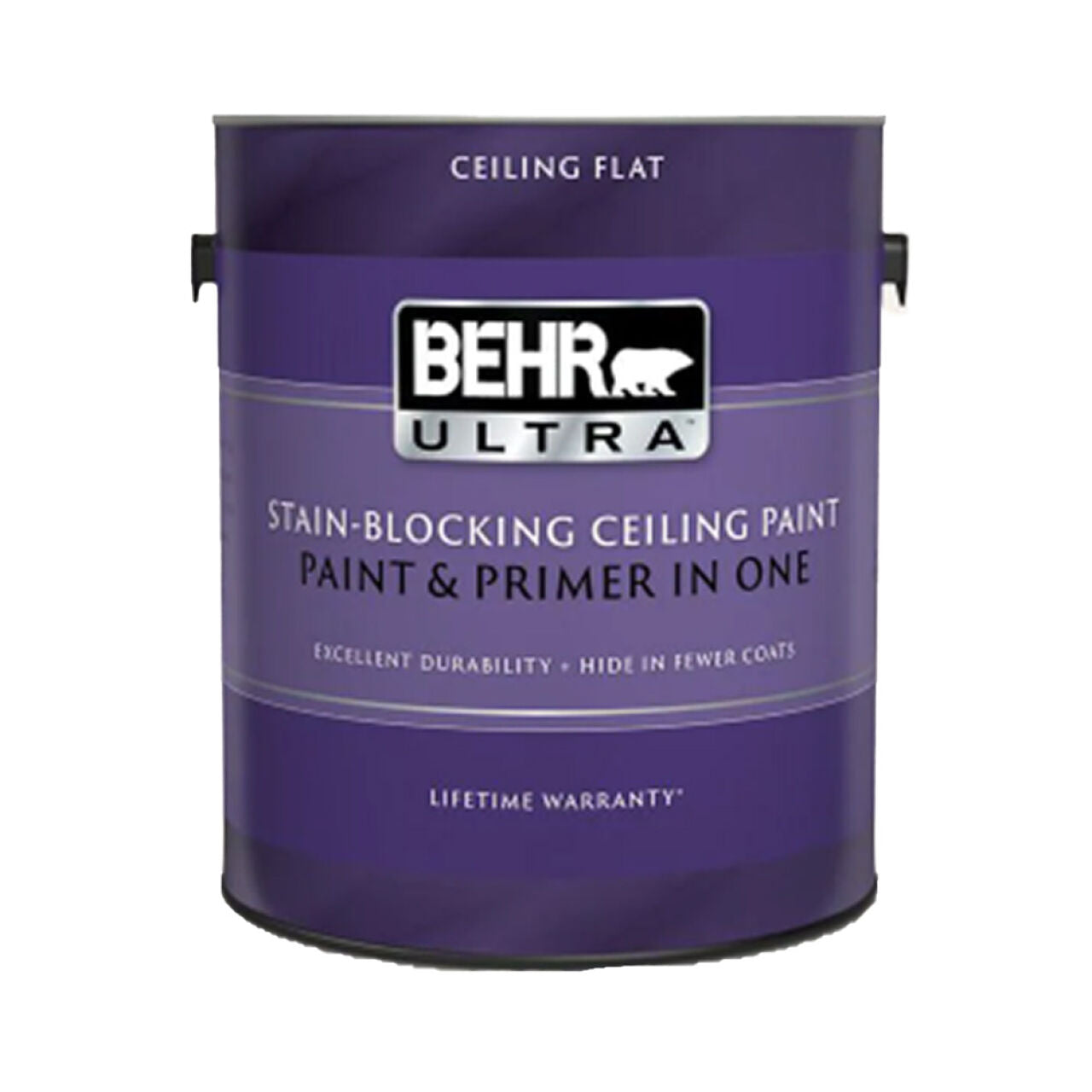 A 1 gal. can of Go Build, The Fastest Way To Build Ceiling Flat Interior Paint & Primer in One - Pure White, an interior flat finish paint and primer combo with product details on the label and a white lid.