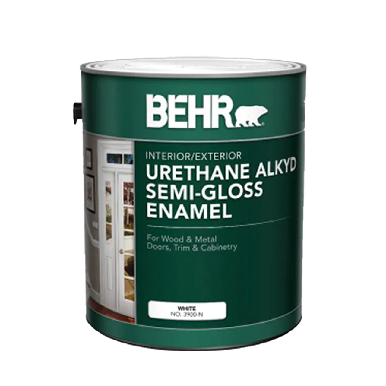 A 1 gal. can of Go Build Urethane Alkyd Semi-Gloss Enamel Interior/Exterior Paint – White, ideal for wood and metal doors, trim, and cabinetry. From Go Build, The Fastest Way To Build.
