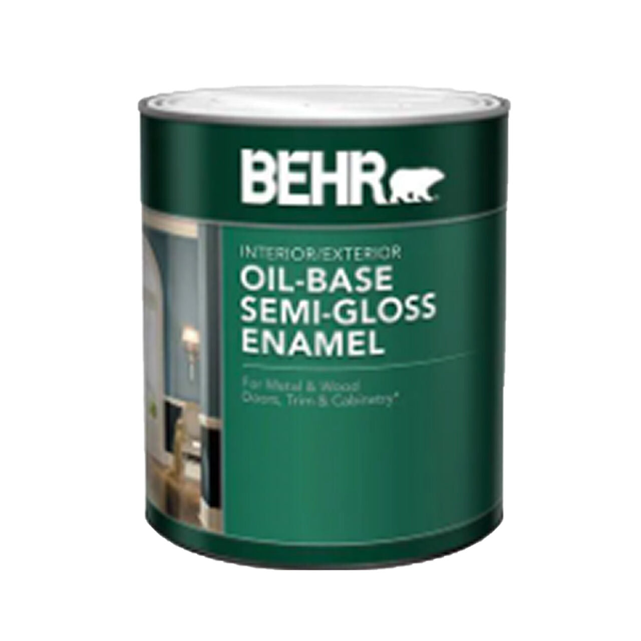 A quart of Go Build Interior/Exterior Oil-Base Semi-Gloss Enamel Paint in White, ideal for metal and wood doors. It features a mildew-resistant finish for interior and exterior use on doors, cabinetry, and trim.