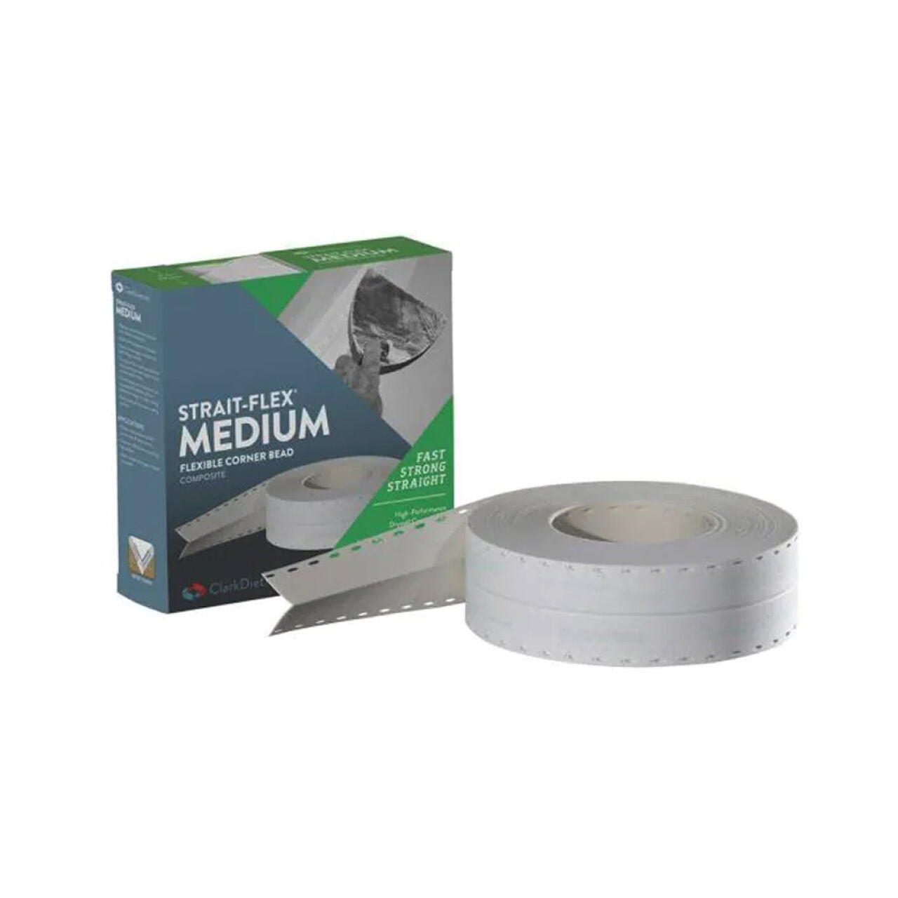 A box labeled Go Build, The Fastest Way To Build 2-1/4 in. x 100 ft. Medium Composite Flexible Corner Bead sits beside a roll of white, perforated corner bead, ideal for drywall installation and creating smooth, durable corners.