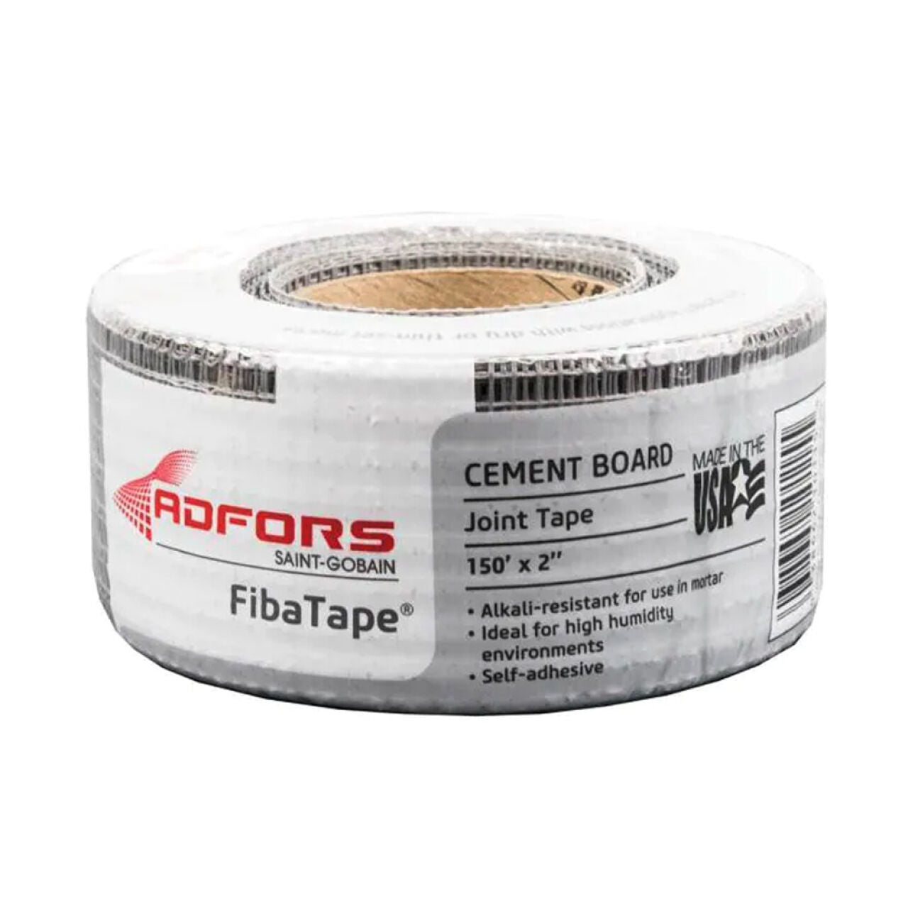 A 2 in. x 150 ft. roll of Go Build FibaTape Alkali-Resistant Self-Adhesive Cement Board Tape is made in the USA, mold-resistant, and labeled with clear product details on its packaging.
